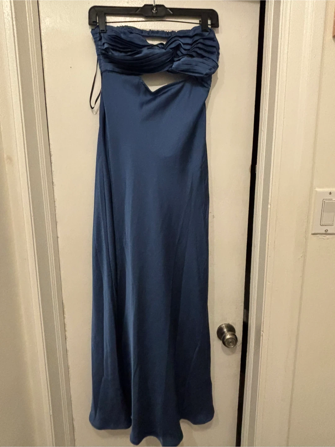 Blue Satin Strapless Maxi Dress- Medium
