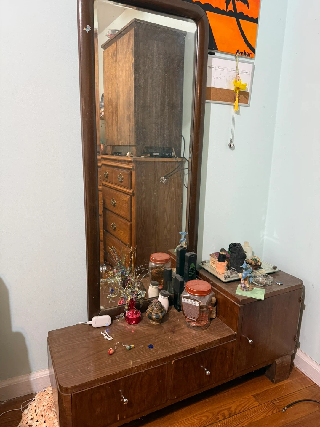 Vintage Wooden Vanity Table with Mirror