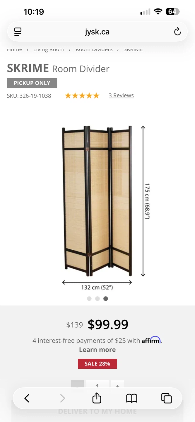 JYSK SKRIME 3-Panel Room Divider - Natural - photo 2