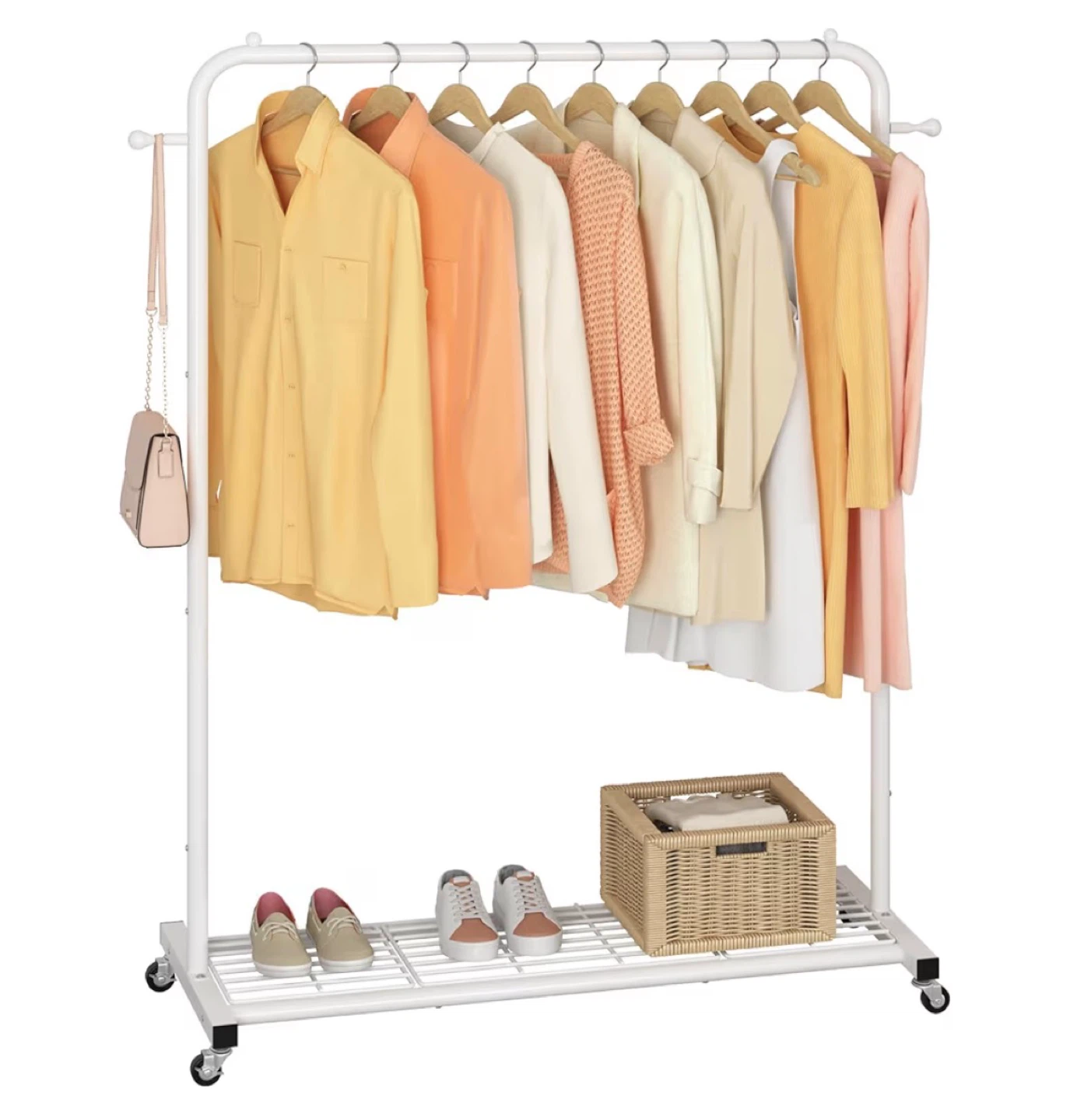White Rolling Garment Rack with Shelf