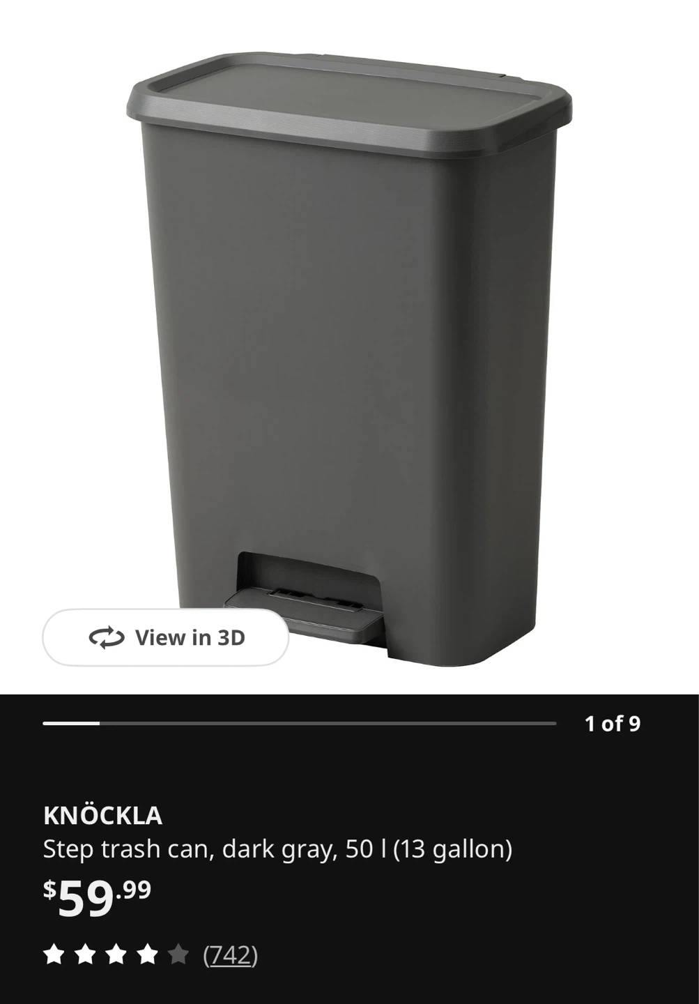 IKEA KNÖCKLA Step Trash Can - Dark Gray, 50L