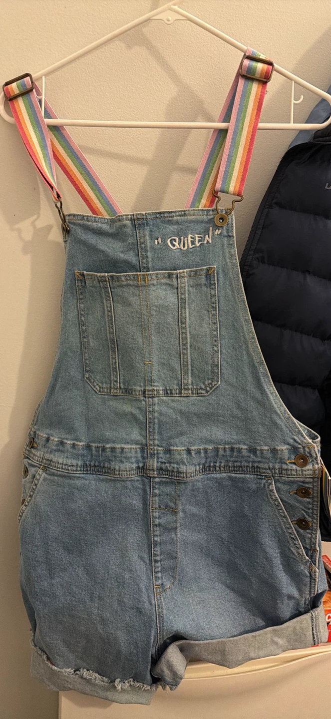 Denim "QUEEN" Overalls with Rainbow Straps