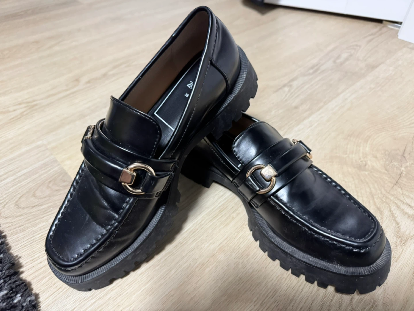 ZARA Black Loafers with Gold Buckle - Size 38 - photo 2