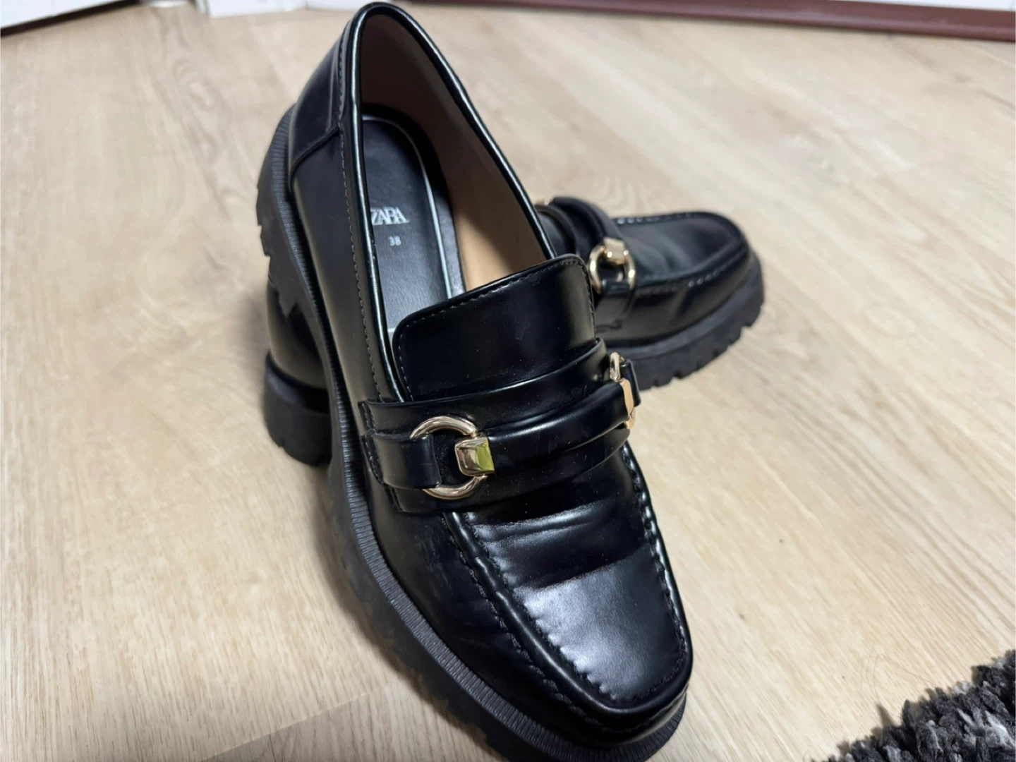 ZARA Black Loafers with Gold Buckle - Size 38