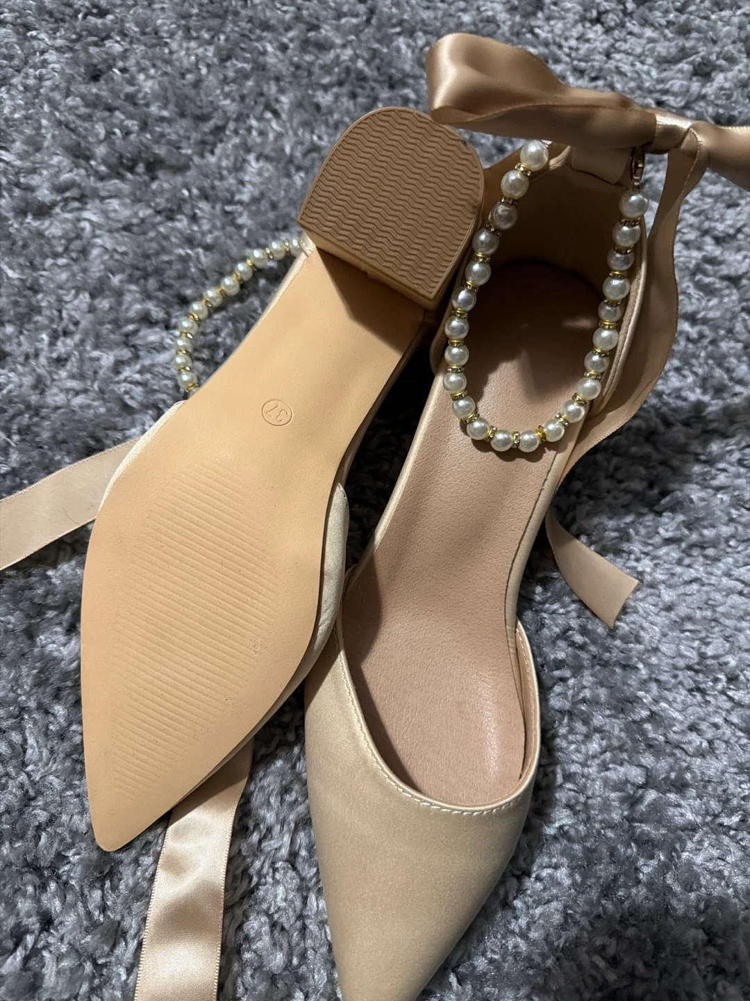 Women's Ballet Flats with Pearl Ankle Strap and Ribbon Tie