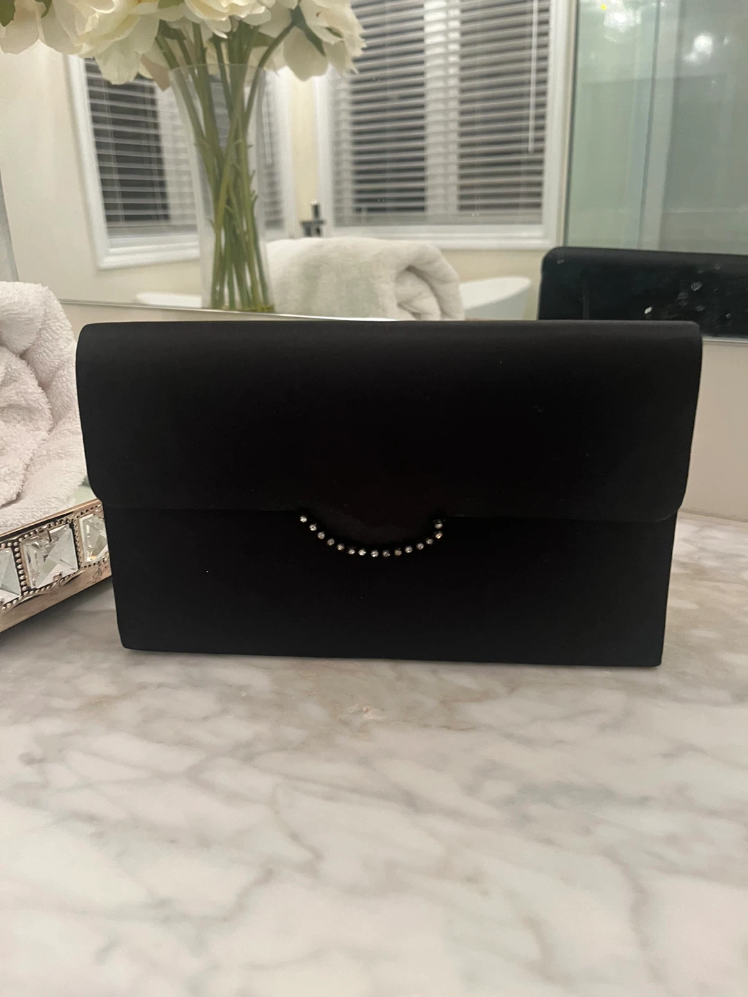 Black Satin Clutch with Rhinestone Accent