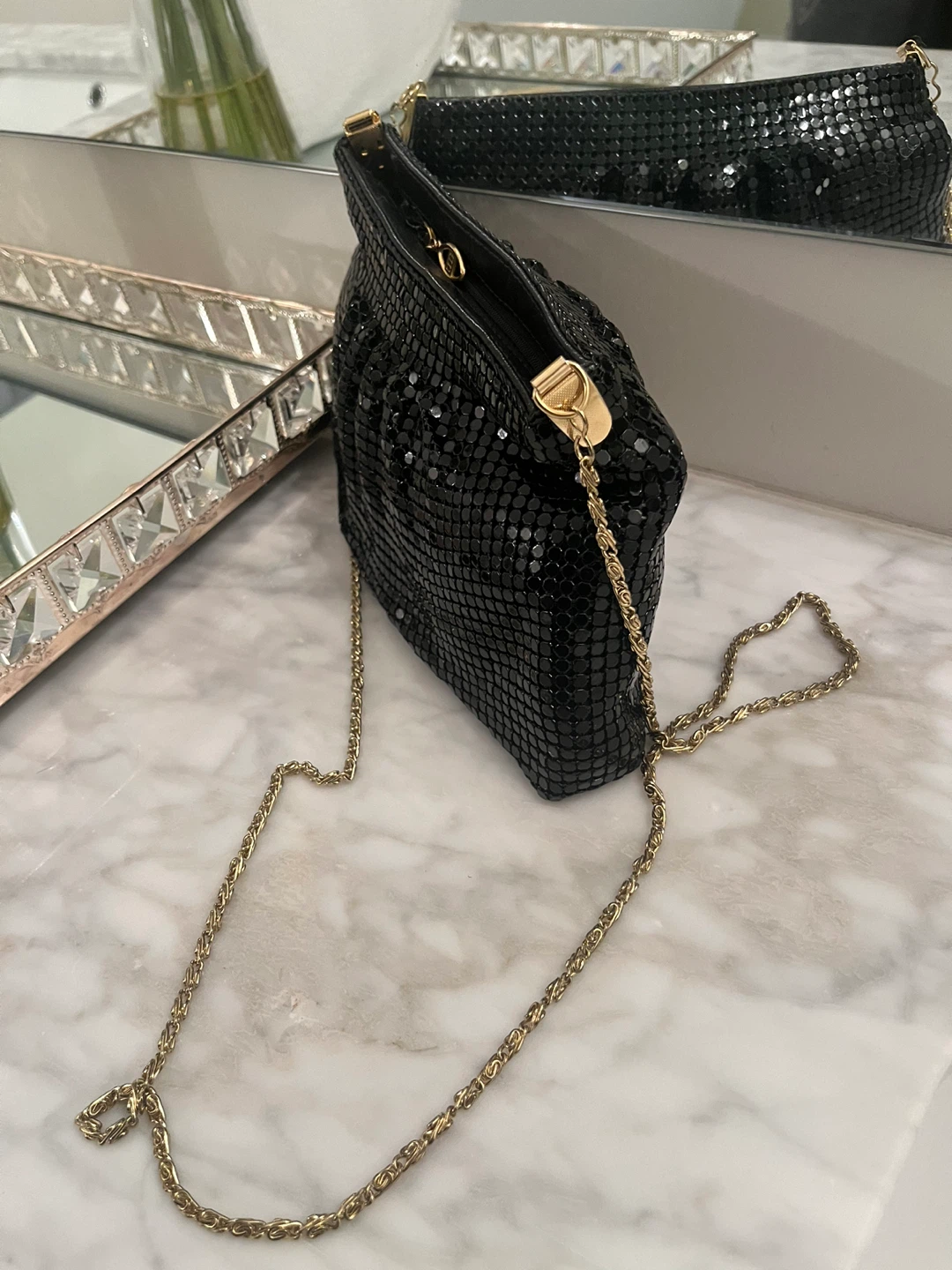 Black Mesh Evening Clutch Bag with Gold Chain - photo 2