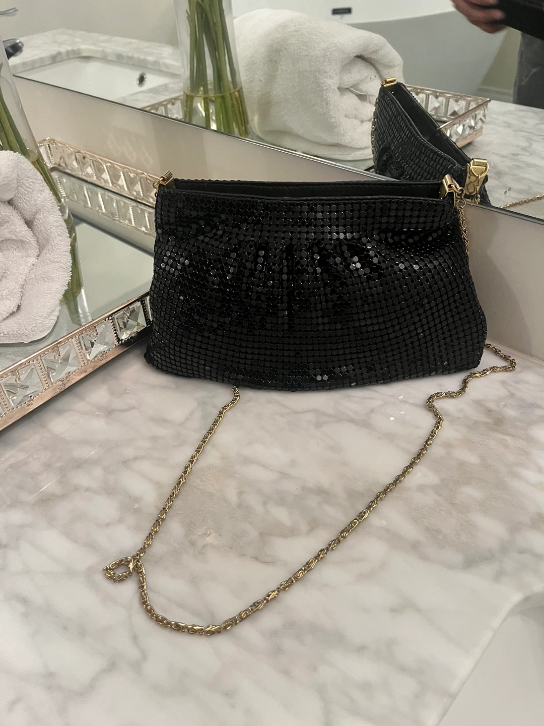 Black Mesh Evening Clutch Bag with Gold Chain