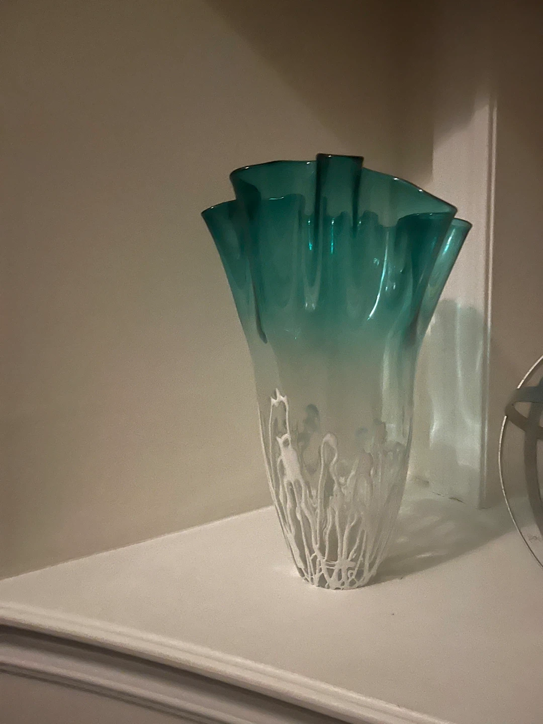 Teal and White Swirl Glass Vase