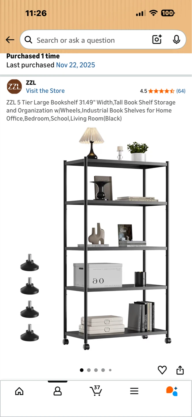 ZZL 5 Tier Large Bookshelf with Wheels - Black