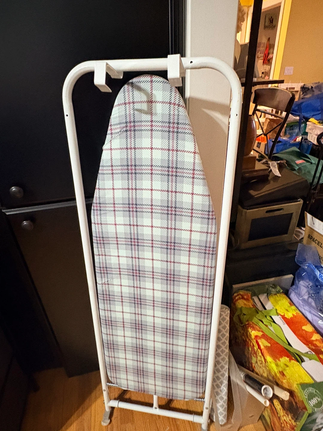 White Folding Ironing Board with Plaid Cover