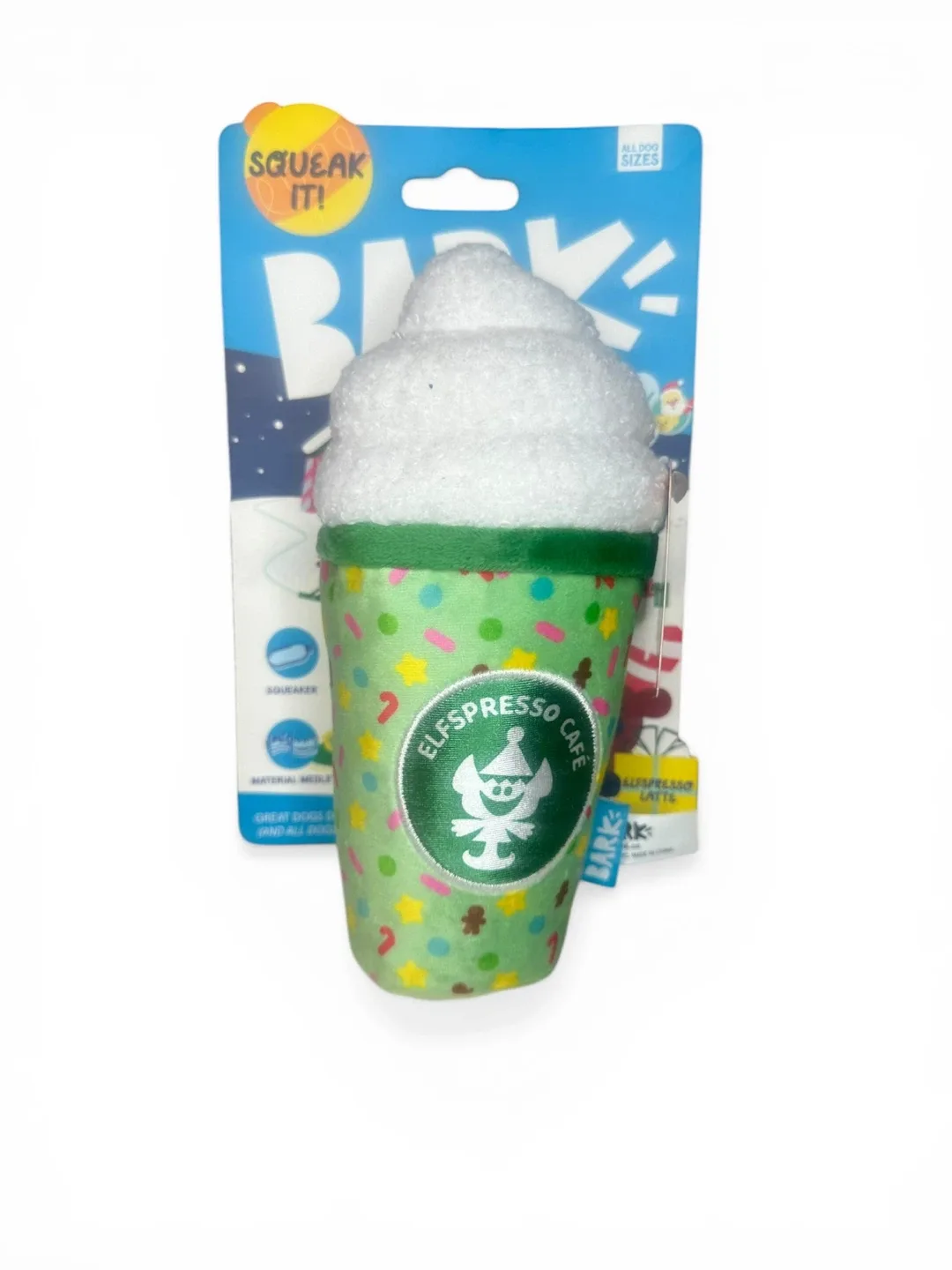 BARK Elfspresso Latte Dog Toy Squeaky Plush Toy Pup