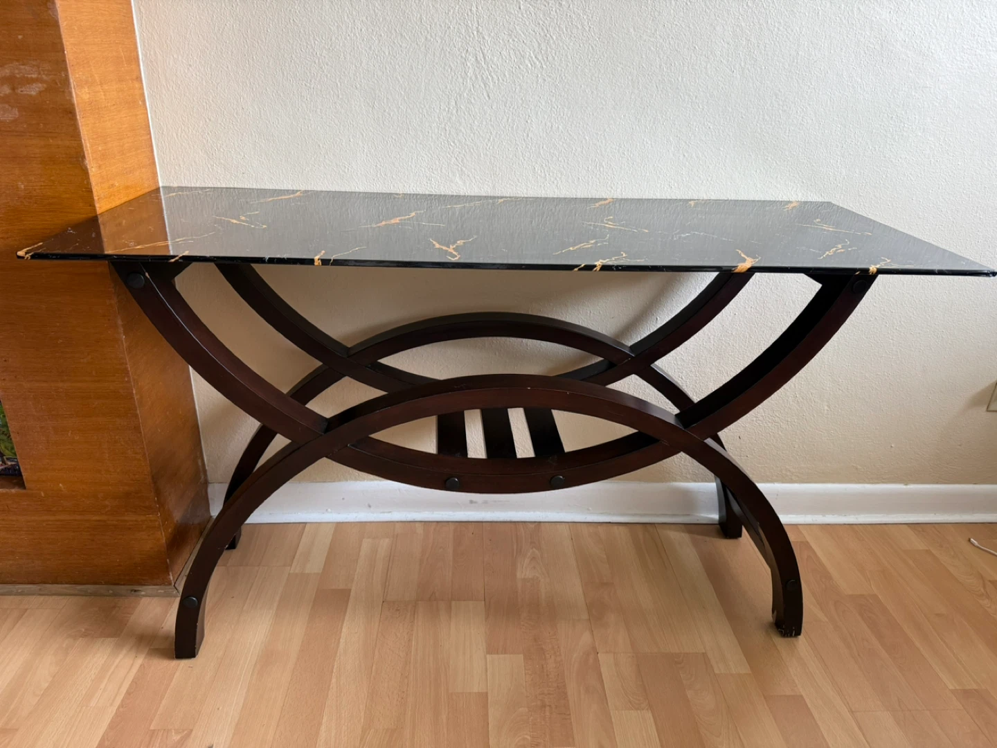 Console Table - Black Marble Top with Wood Base