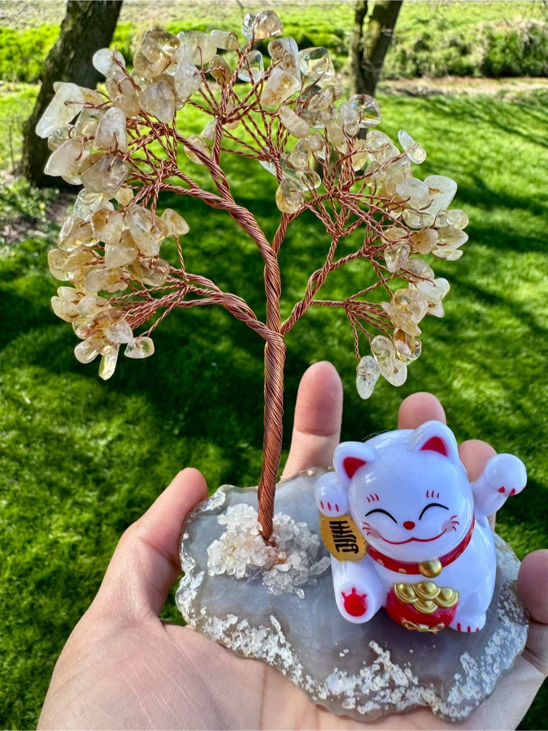 Crystal Gemstone Tree with Maneki Neko Cat Figurine - photo 4