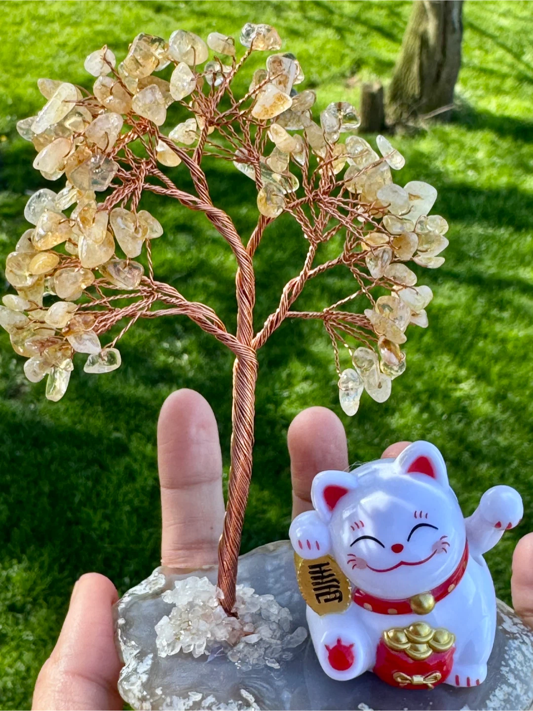 Crystal Gemstone Tree with Maneki Neko Cat Figurine