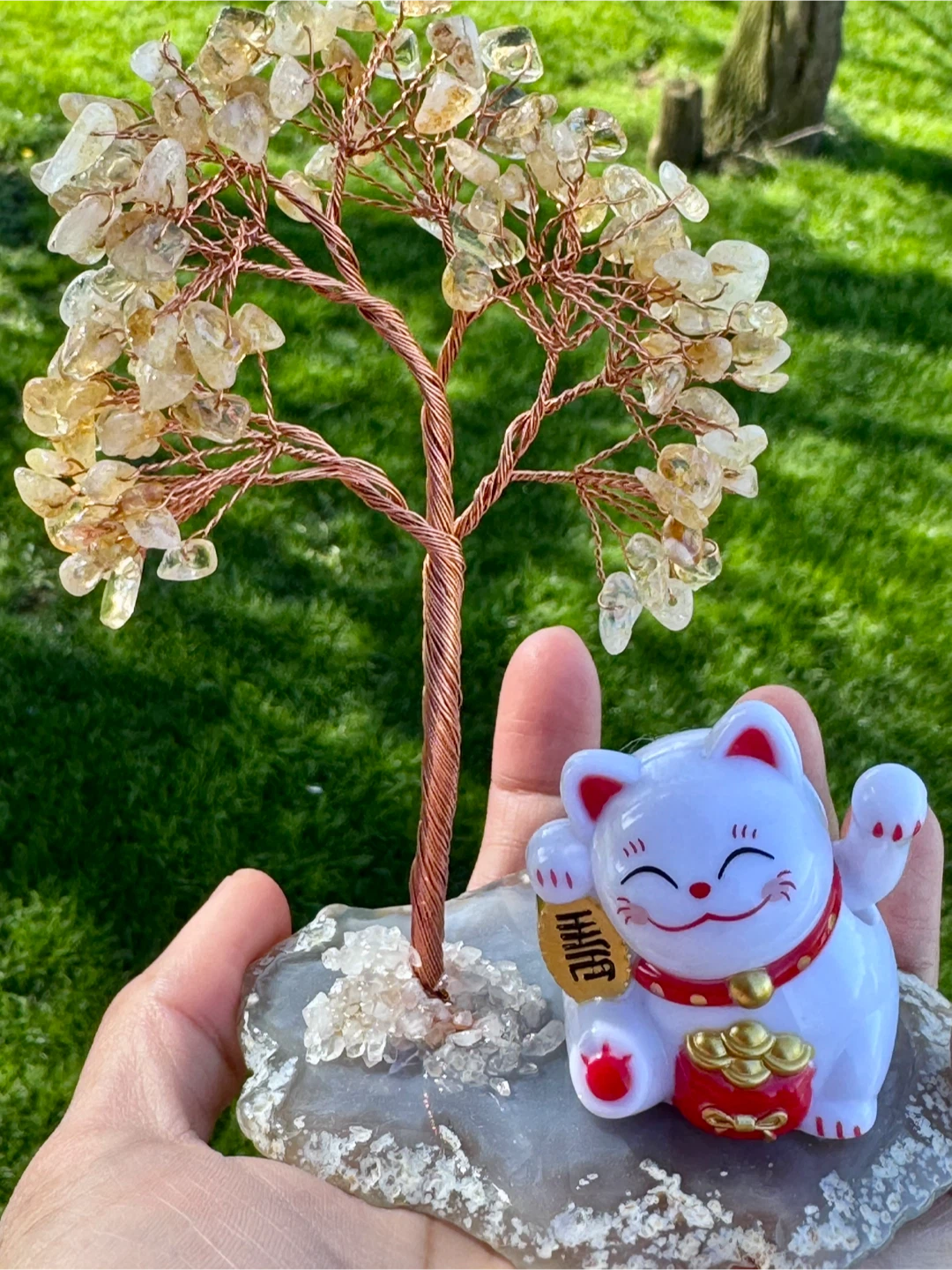 Crystal Gemstone Tree with Maneki Neko Cat Figurine - photo 3