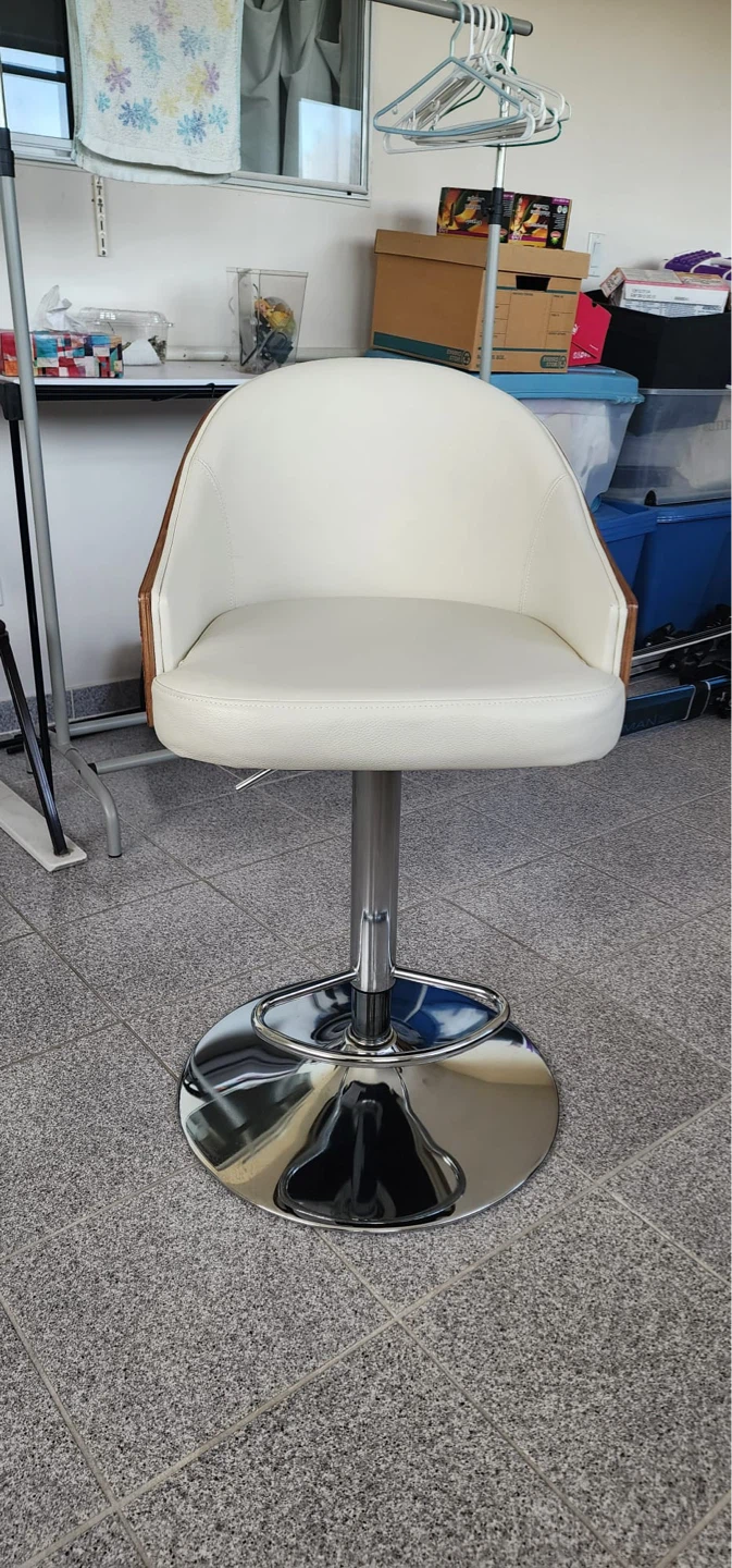 Adjustable Bar Stool - White Faux Leather & Wood Accent