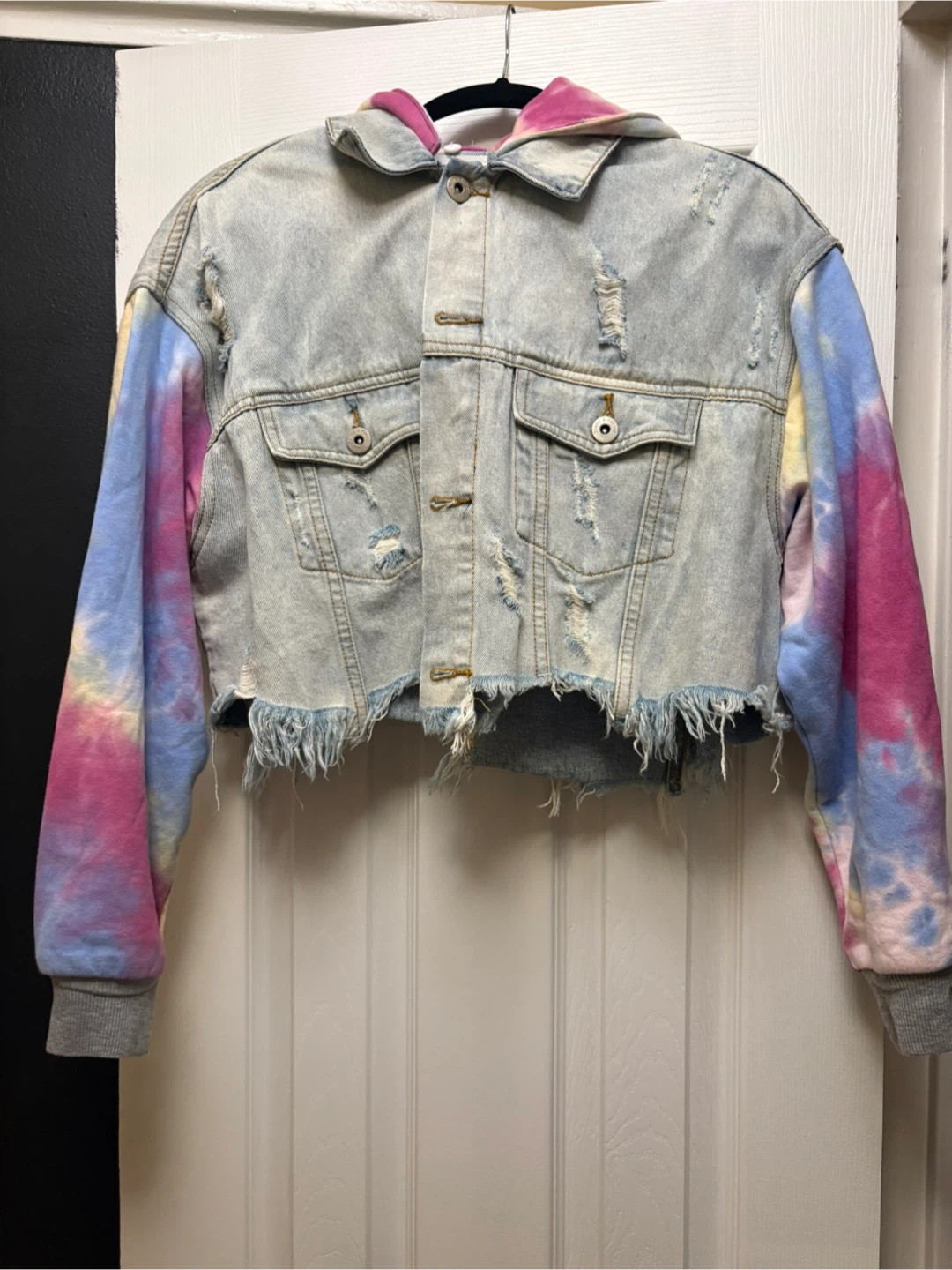 Cropped Tie-Dye Denim Jacket with Hood