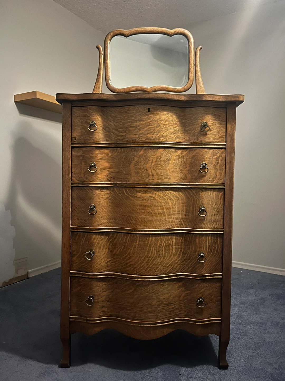 Antique Tiger Oak Serpentine Highboy Dresser w/ Mirror