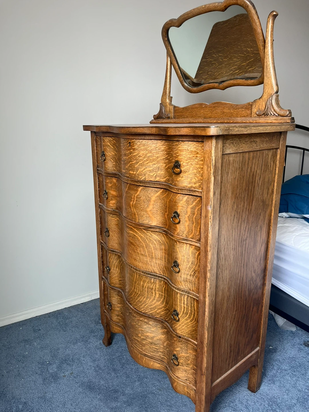 Antique Tiger Oak Serpentine Highboy Dresser w/ Mirror - photo 2