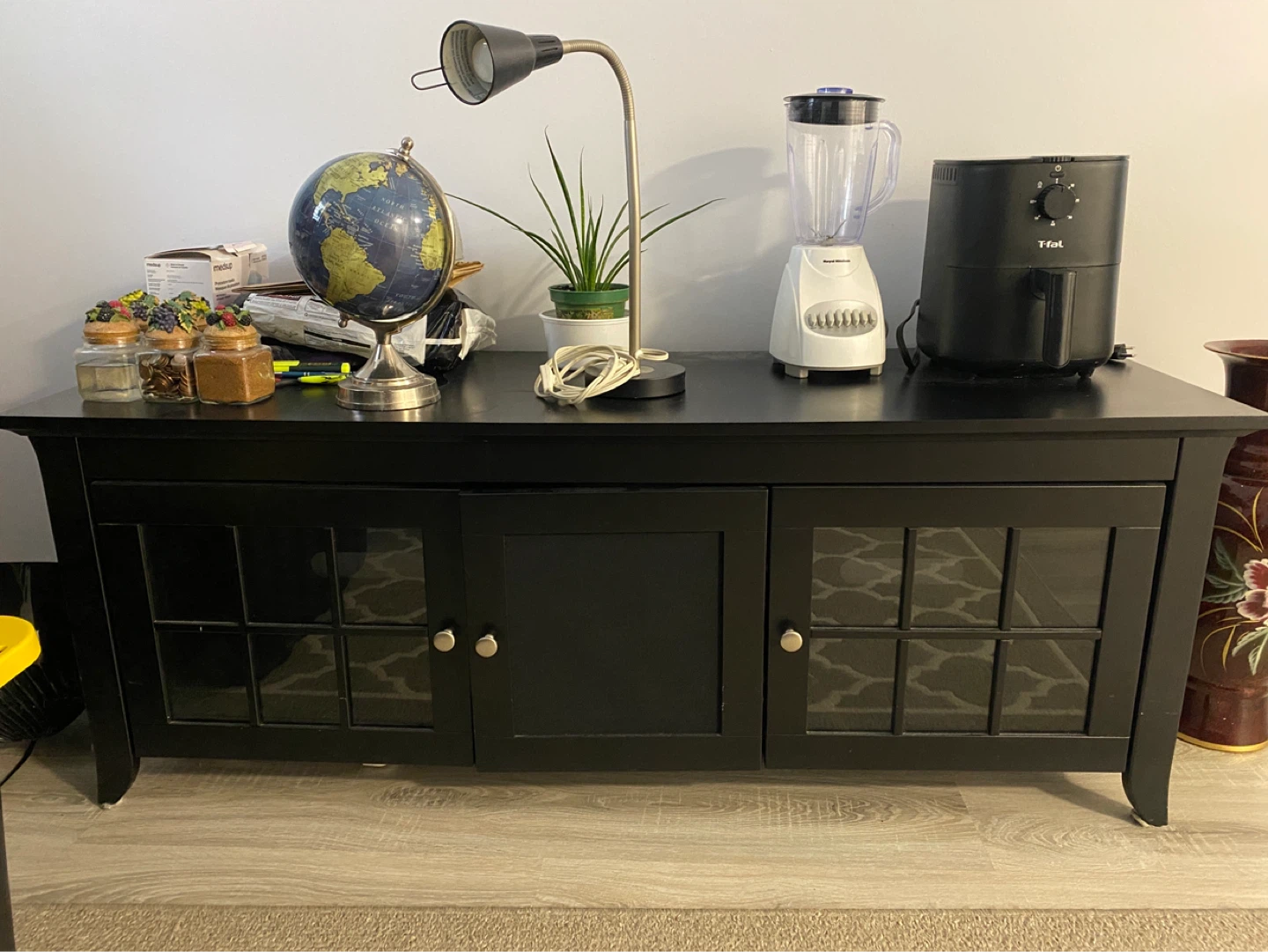 Black Media Console TV Stand with Glass Doors