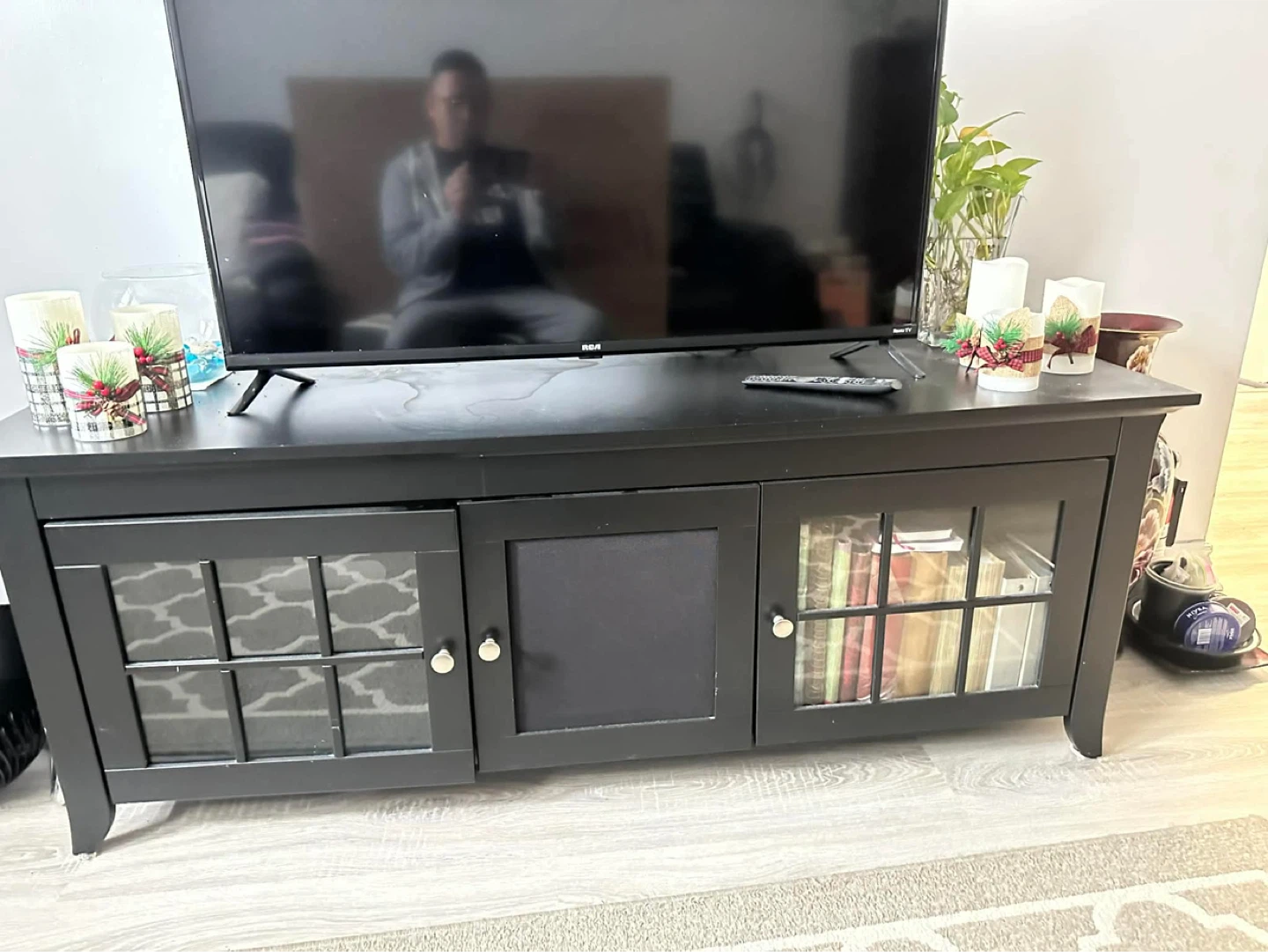 Black Media Console TV Stand with Glass Doors - photo 4