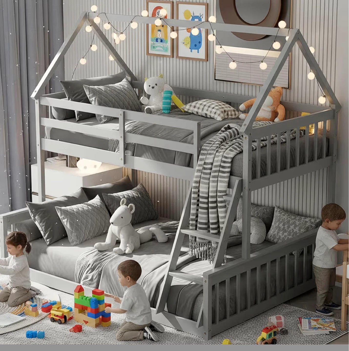 Grey Twin over Twin Bunk Bed with House Frame
