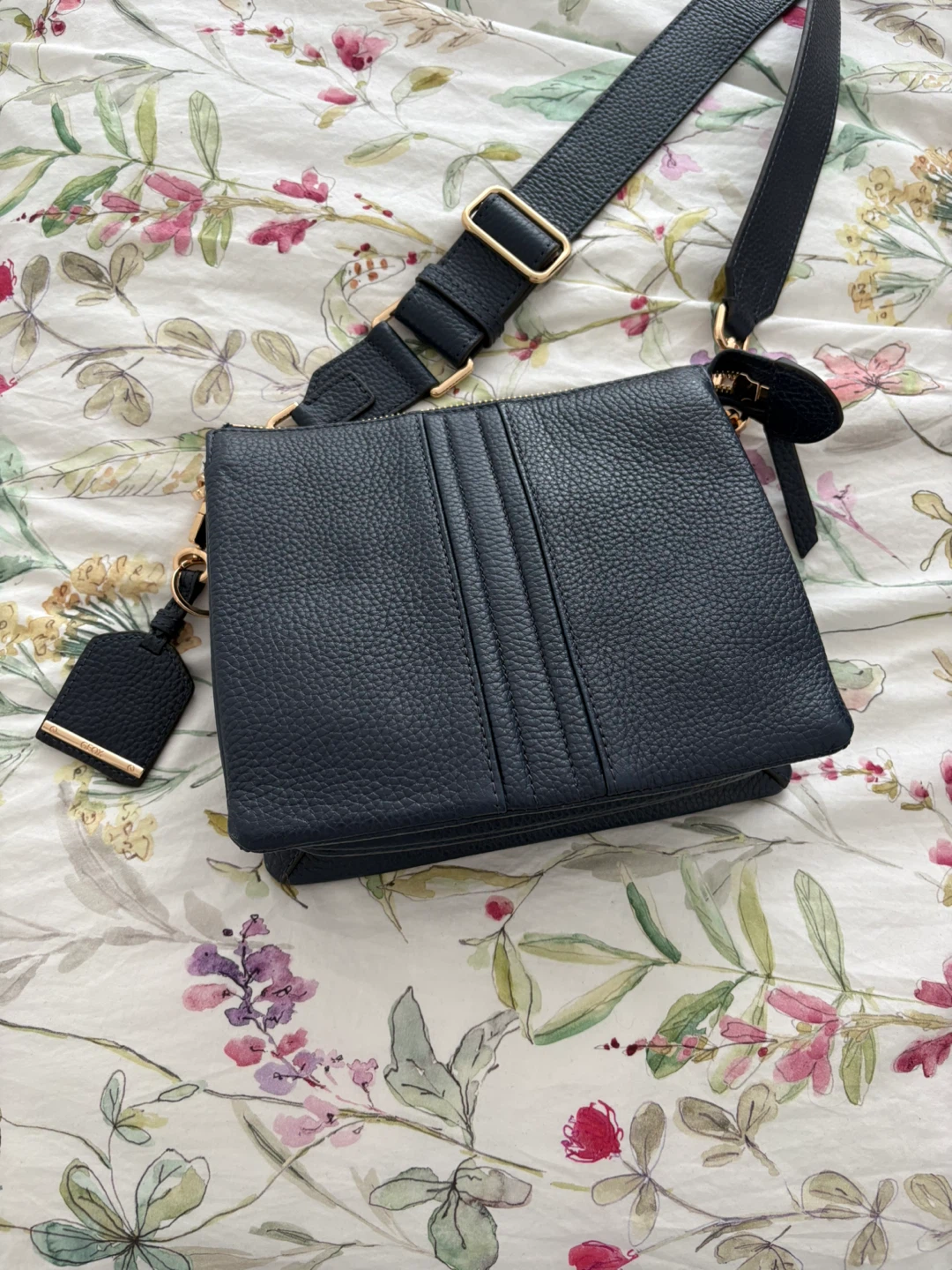 Navy Blue Leather Crossbody Bag with Gold Hardware