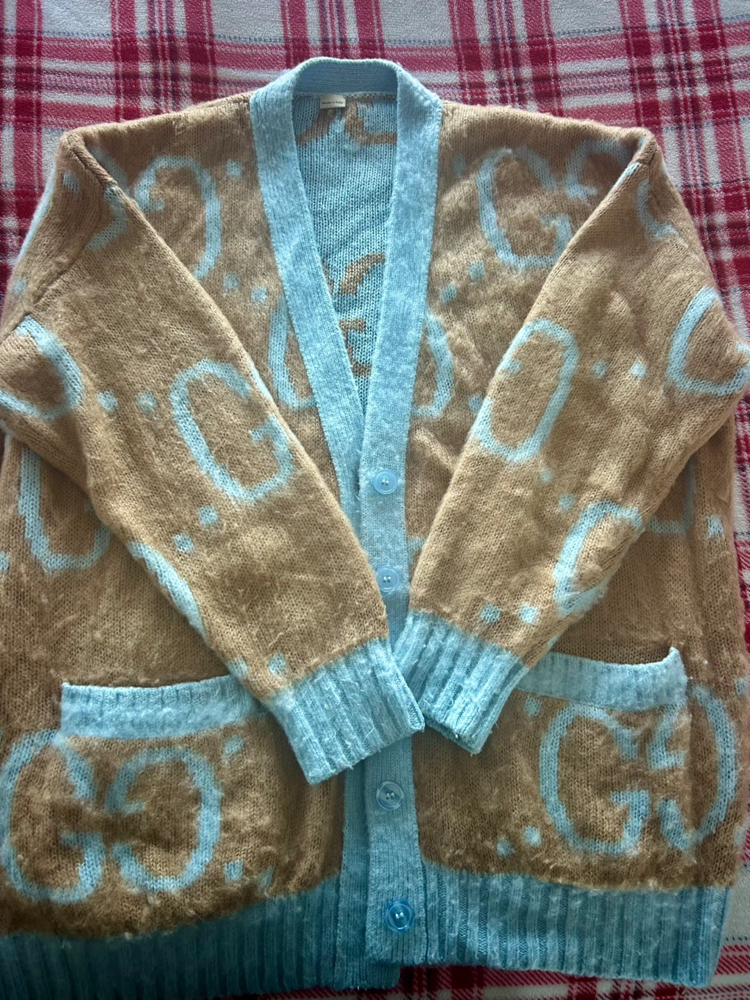 Gucci Cardigan XS Light Blue Tan Monogram
