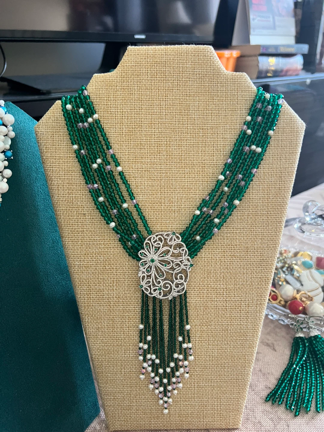 Green Beaded Necklace with Silver Clasp