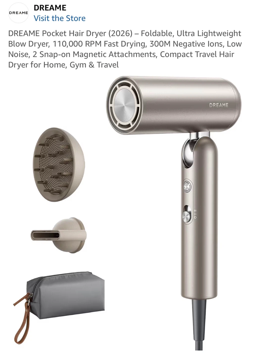 DREAME Pocket Hair Dryer , Lightweight, Magnetic Attachments