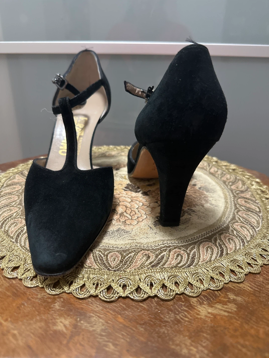 Salvatore Ferragamo Black Suede T-Strap Heels
