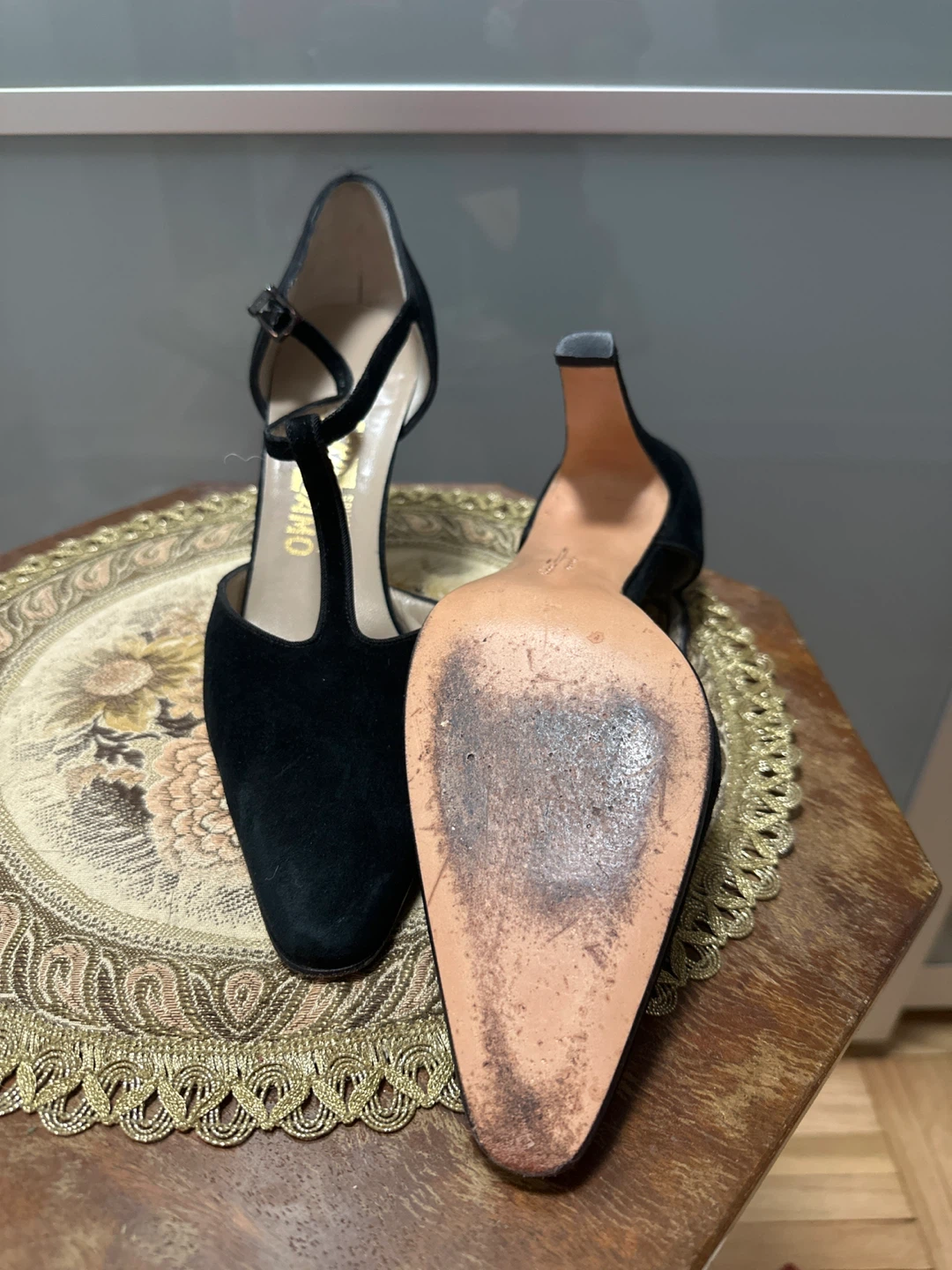 Salvatore Ferragamo Black Suede T-Strap Heels - photo 4