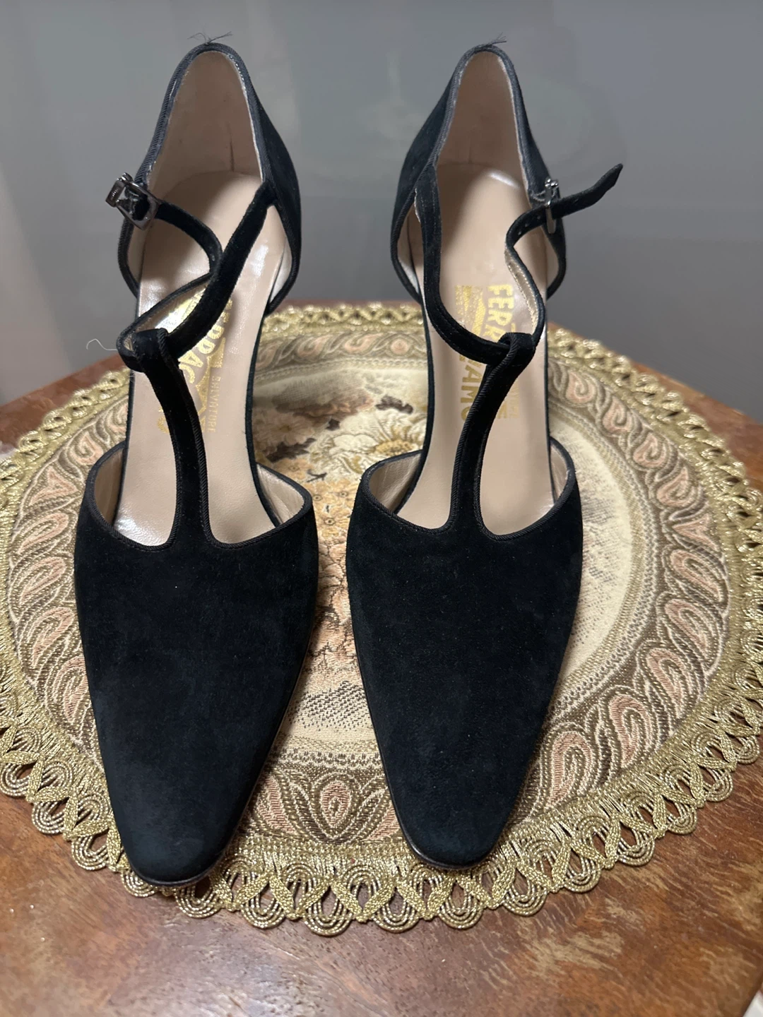 Salvatore Ferragamo Black Suede T-Strap Heels - photo 2