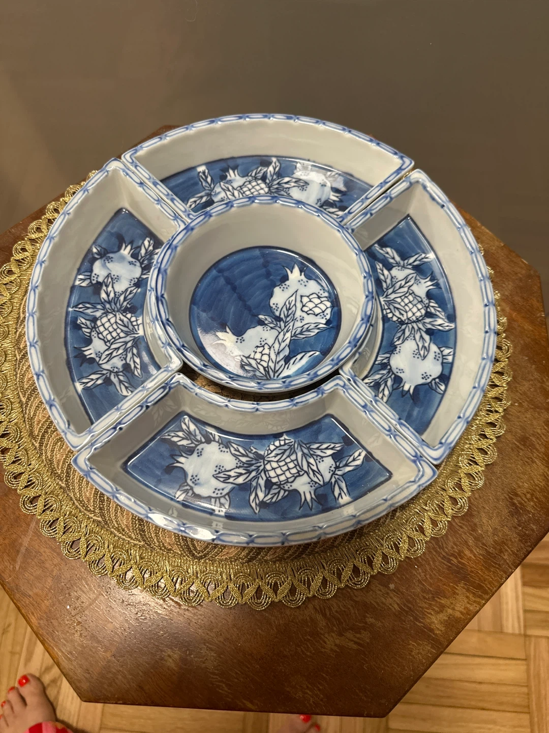 Blue and White Ceramic Serving Platter with Center Bowl