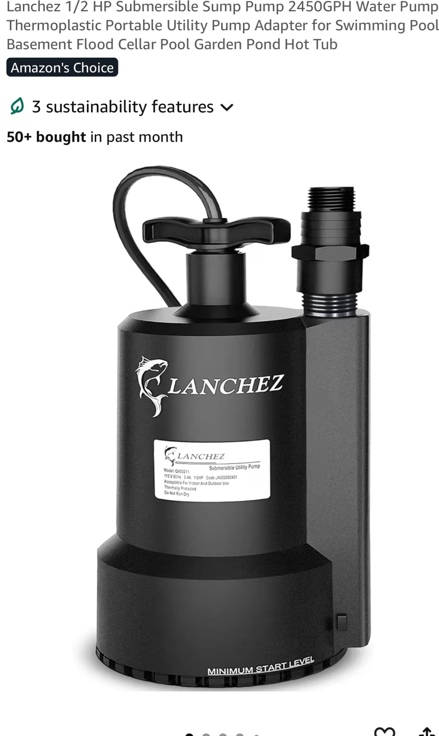 1/2 HP Submersible Sump Pump 2450GPH - Black SS1
