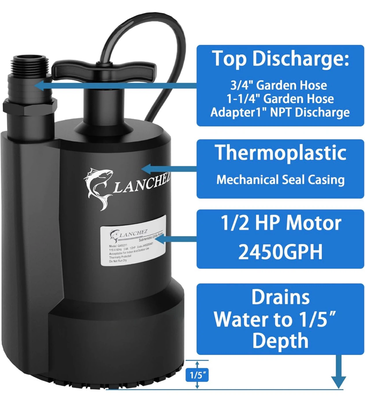 1/2 HP Submersible Sump Pump 2450GPH - Black SS1 - photo 3