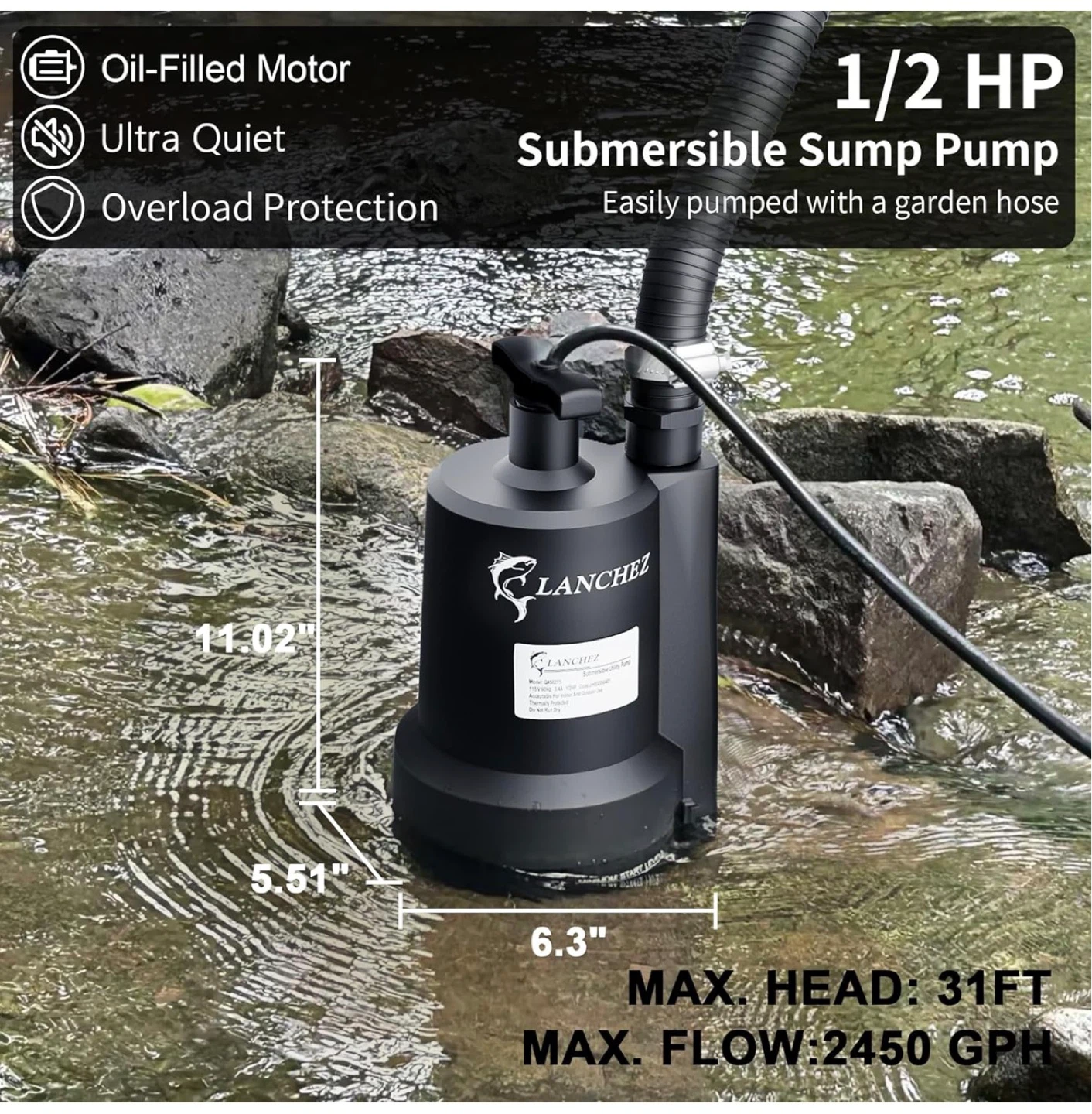 1/2 HP Submersible Sump Pump 2450GPH - Black SS1 - photo 2