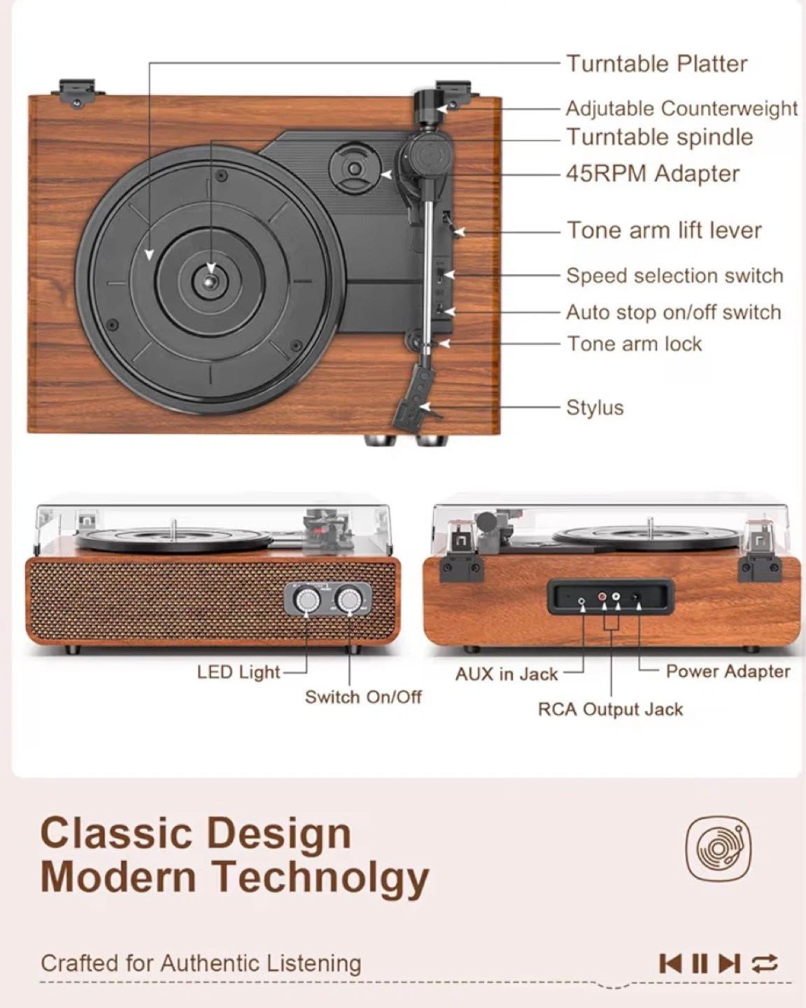 White Vinyl Record Player with Upgraded Built-in Speakers - photo 3
