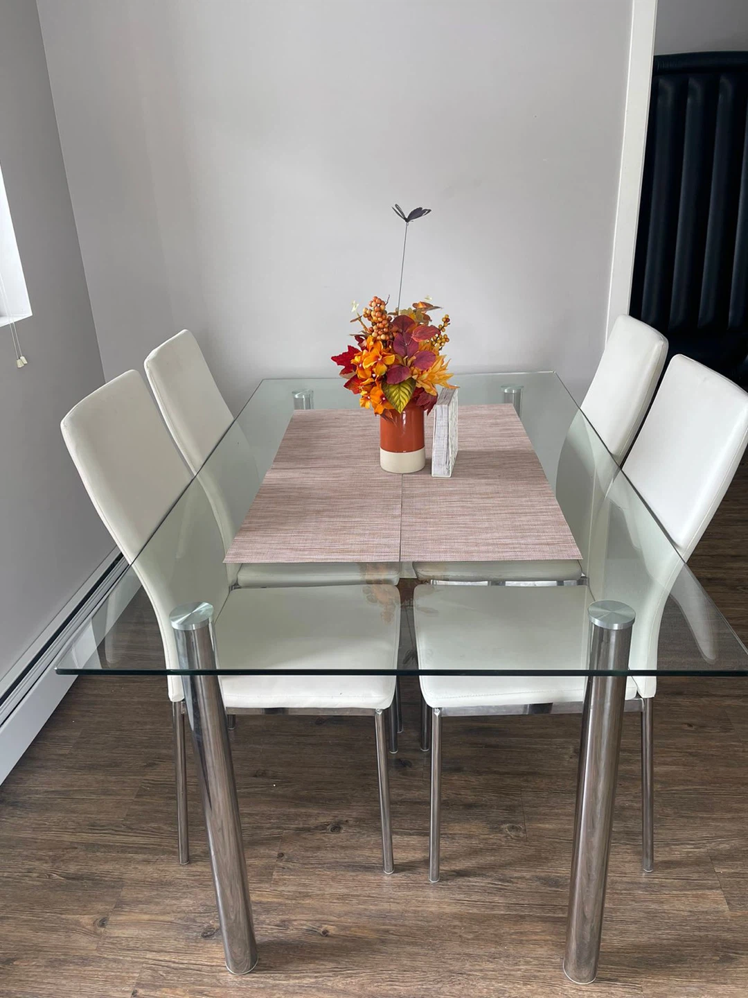Glass Dining Table with 4 White Chairs