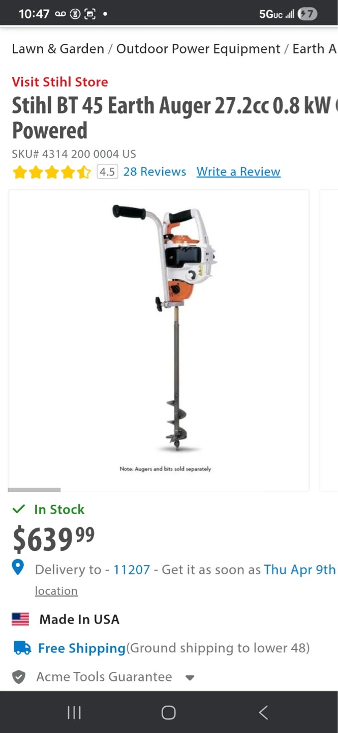 Stihl BT 45 Earth Auger 27.2cc 0.8 kW Powered