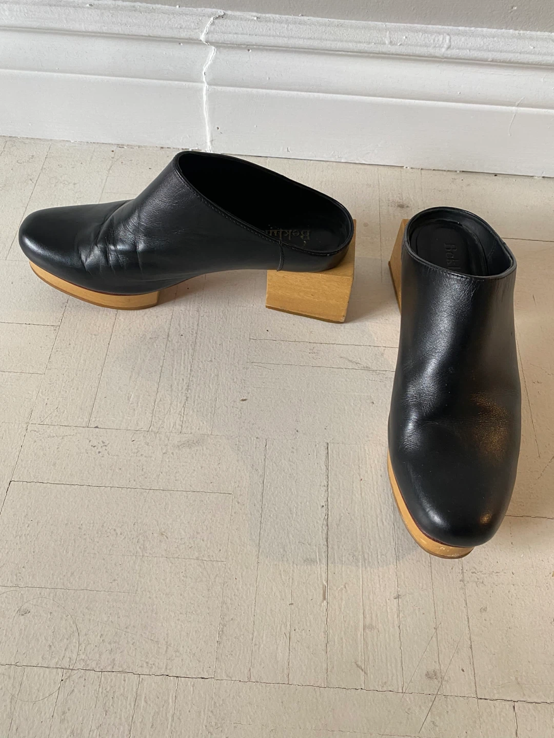 Beklina Black Leather Wooden Clog Mules - photo 4