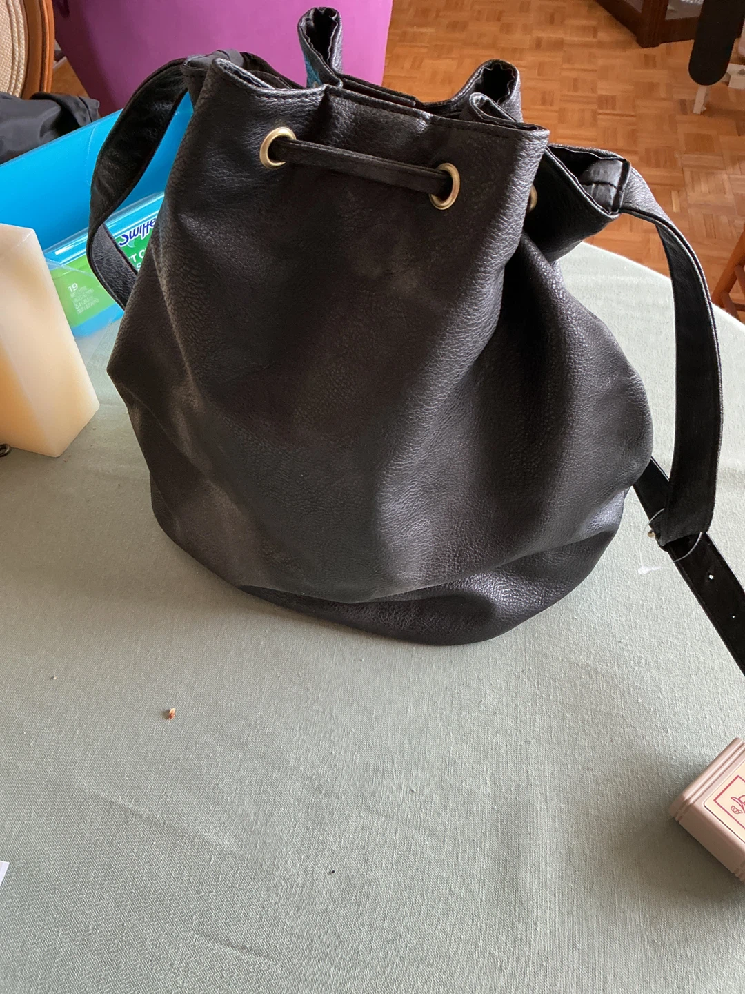 Black Faux Leather Drawstring Bucket Bag with Studs - photo 2