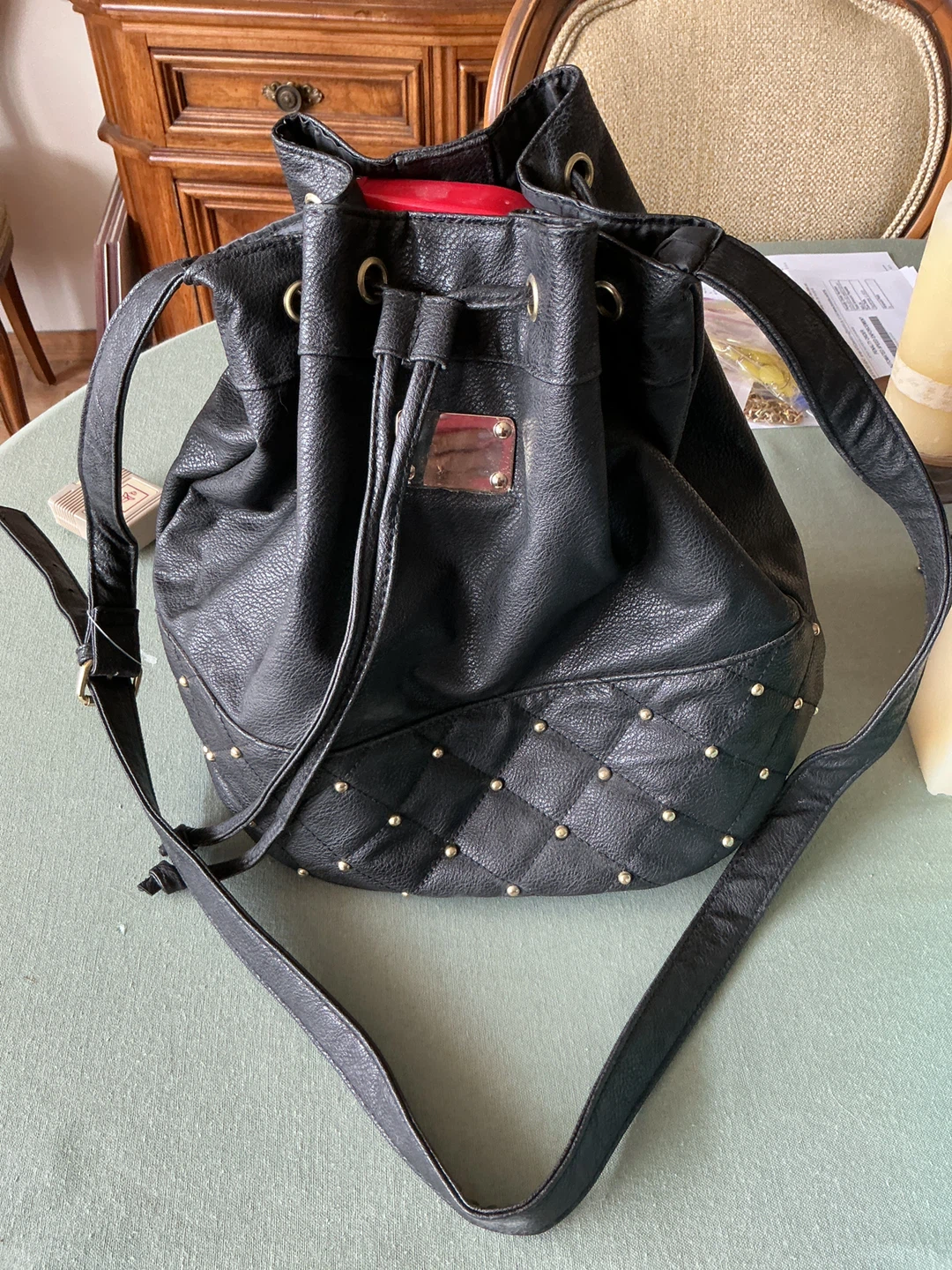 Black Faux Leather Drawstring Bucket Bag with Studs