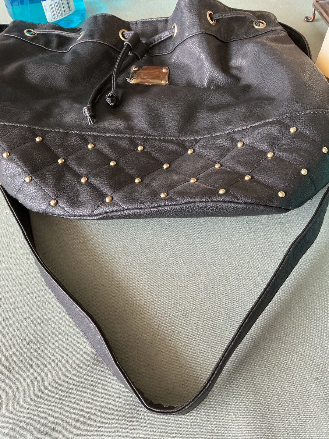 Black Faux Leather Drawstring Bucket Bag with Studs - photo 3