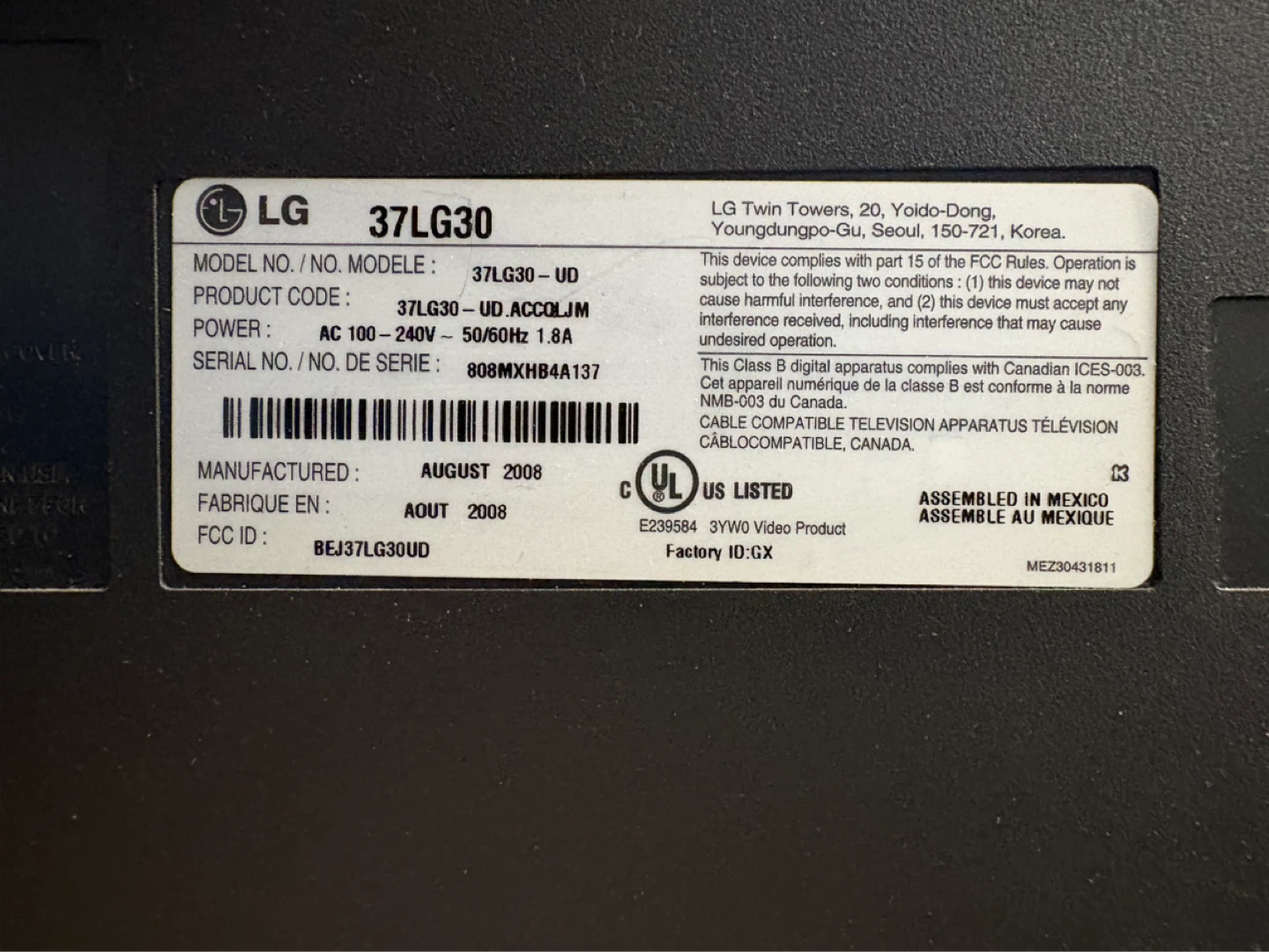 LG 37LG30 37" LCD TV - photo 3