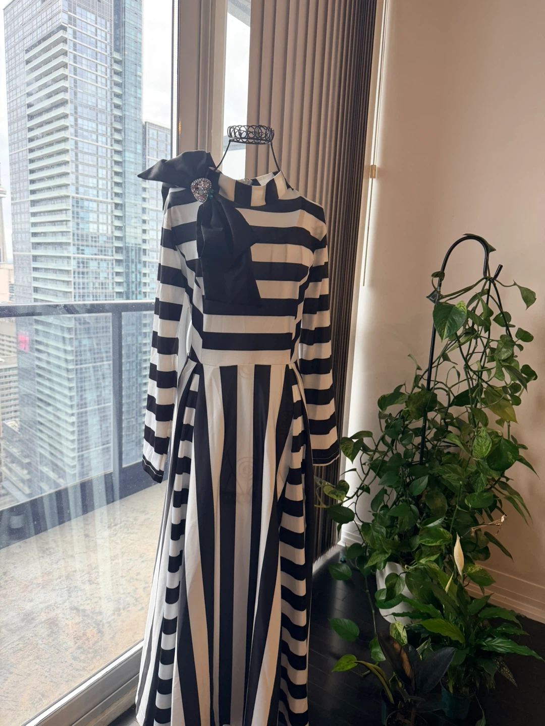 Black and White Striped Dress with Brooch