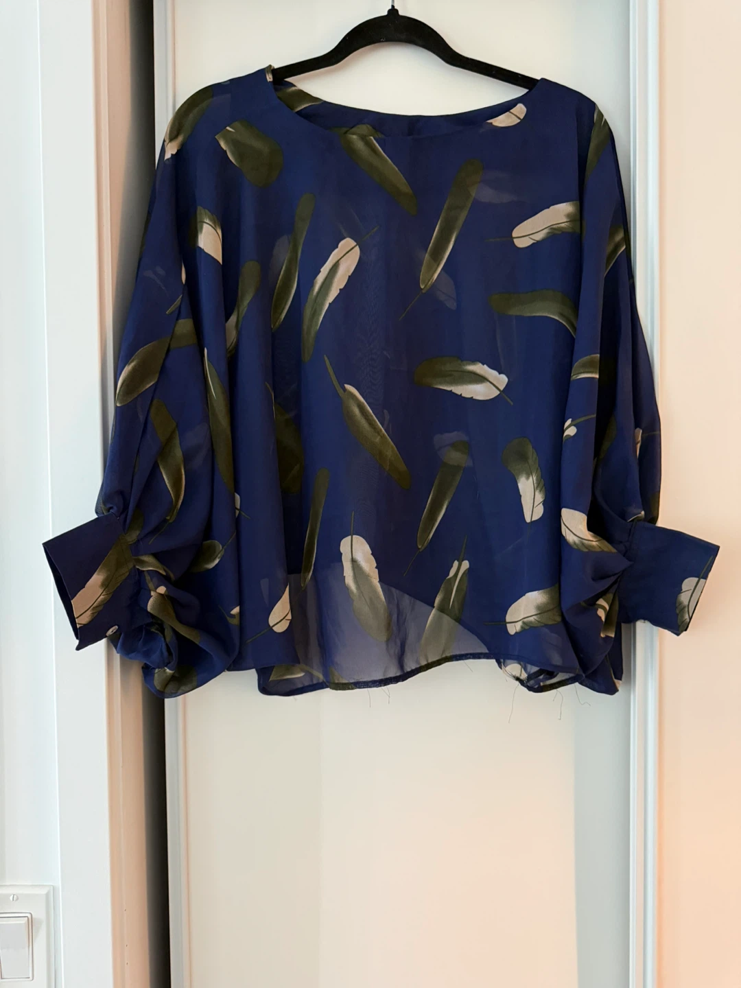 Blue feather print sheer blouse