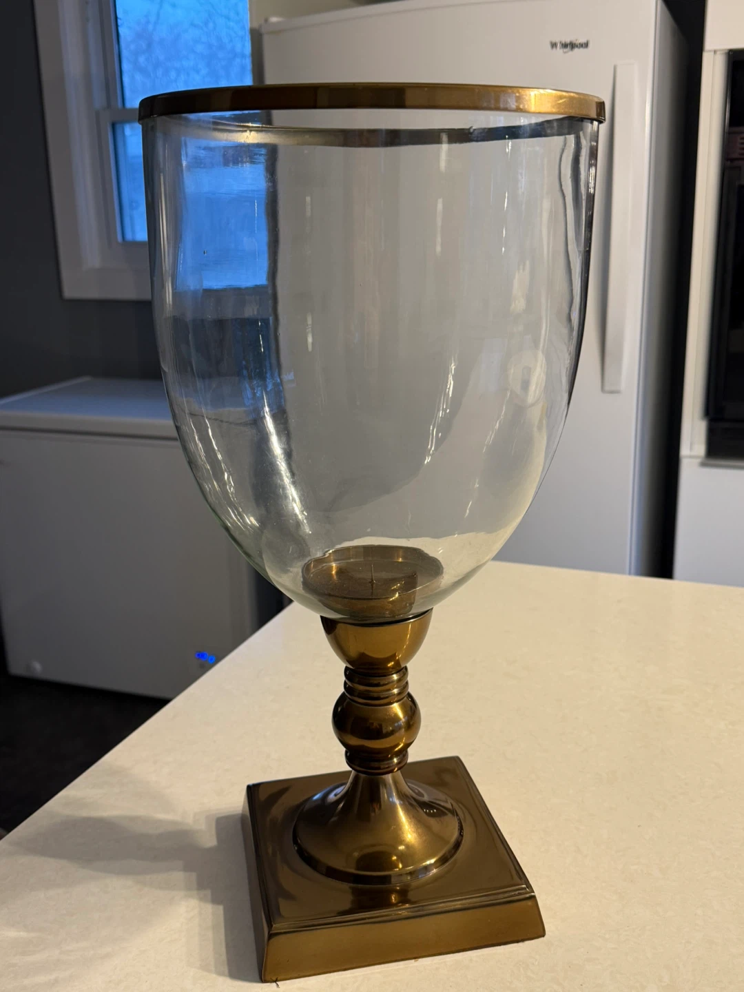 Large Glass Hurricane Lamp with Brass Accents