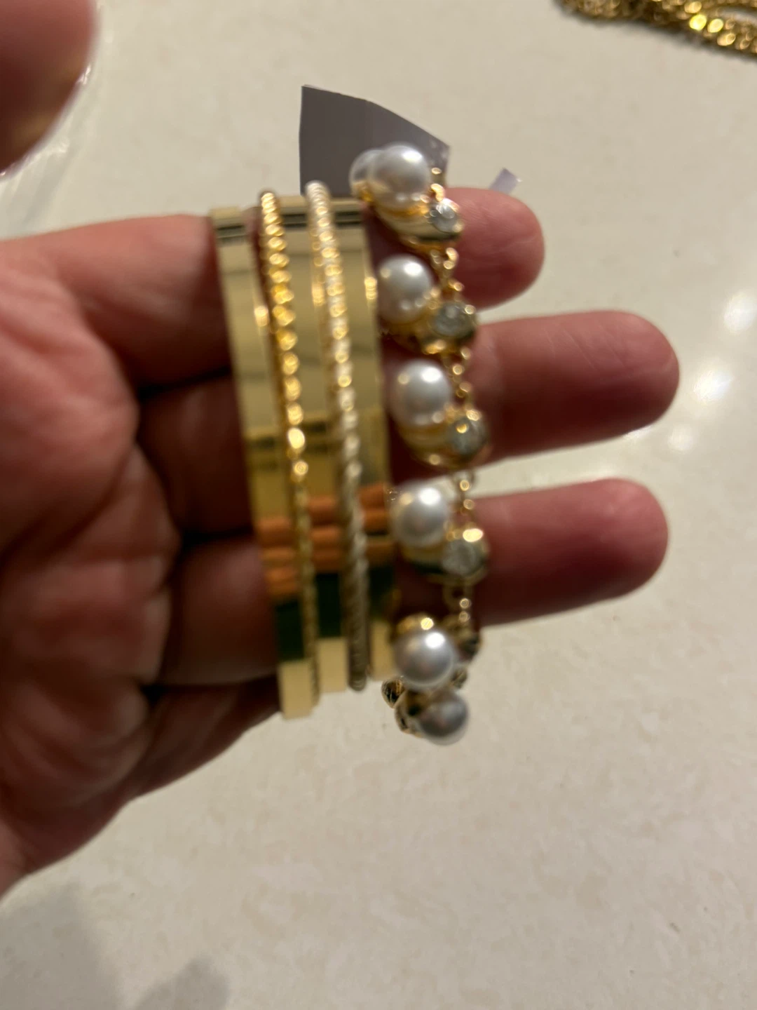 Gold Tone Bracelets with Faux Pearls and Rhinestones - photo 2